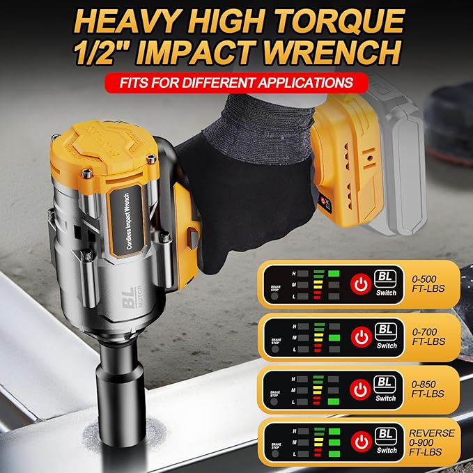 Cordless Impact Wrench 1/2 Inch for De-Walt 20V Battery, 1200N.m High Torque Brushless Electric Impact Gun, 3-Speed, 5 Sockets, Power Impact Driver for Car Tires, Auto Repair(No Battery)