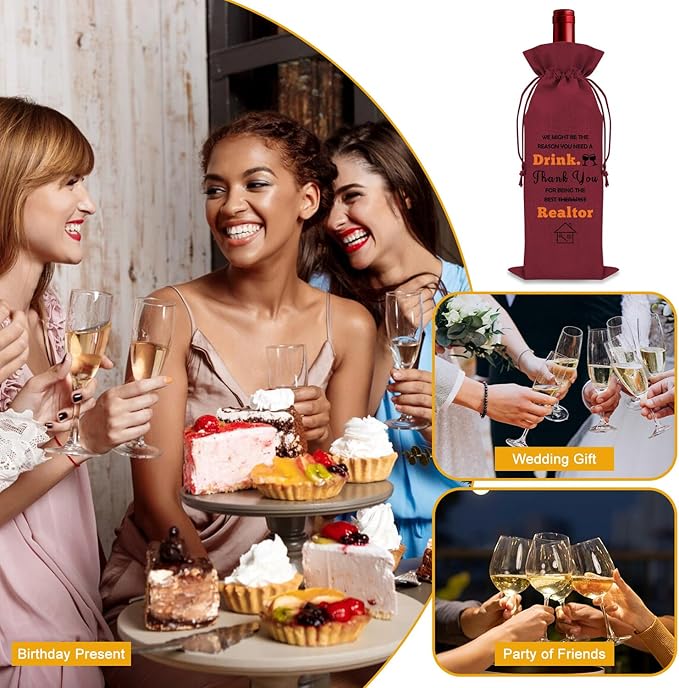 Realtor Gifts for Women Agent Wine Bag Thank You Gifts for Clients Real Estate Therapist Gifts for Men Wine Bottle Storage Bag Housewarming Gifts for Her Wine Accessories Gifts for Wine Lovers(Red)