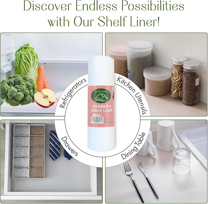 EVALAND 17.7 INCHES x 33 FEET (394 Inches) Non-Slip Shelf Liner, EVA Kitchen Liner, Non-Adhesive Liner, Original Smooth Shelf Liner, Durable Strong Grip Liner, Stain-Proof Shelf, Drawer, Cabinet Liner