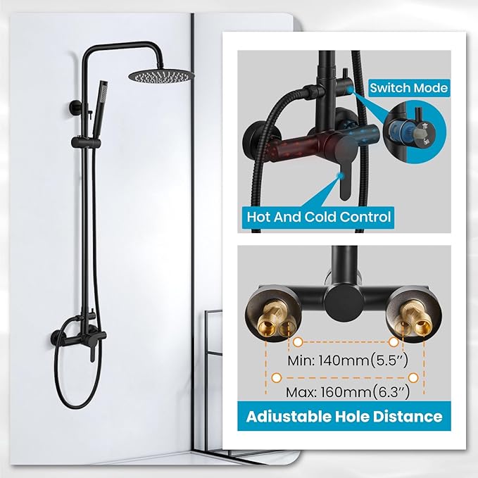 gotonovo Outdoor Shower Fixtures SUS304 Stainless Steel Rain Shower Kit Faucet High Pressure Wall Mount 2 Dual Function 8 Inch Showerhead and Handheld Spray Combo, Single Handle, Matte Black