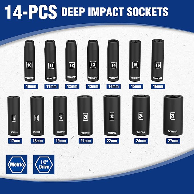 WORKPRO 14-Piece 1/2" Drive Deep Impact Socket Set, 6-Point Impact Deep Socket Set with Heavy Duty Storage Case for Automotive and Mechanical Repairs, 10mm-27mm, Cr-V Steel, Metric