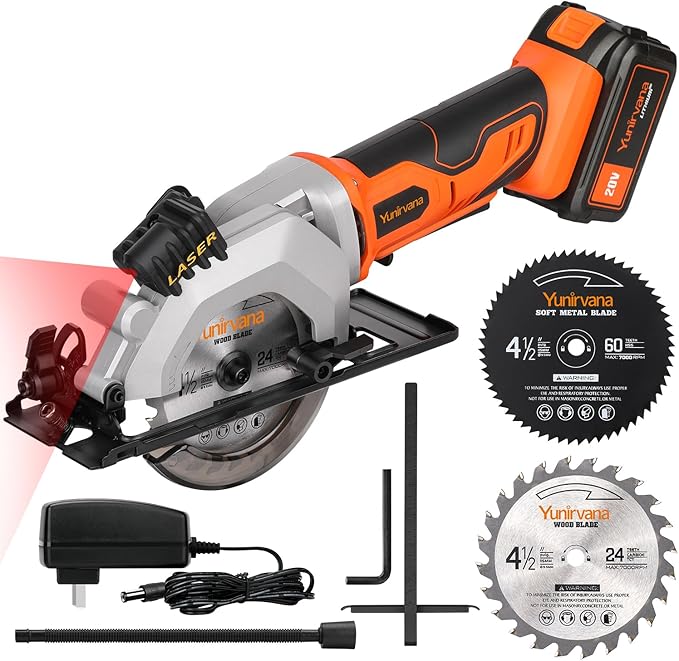 Mini Circular Saw - DC20V 4-1/2" Cordless, 4.0Ah Battery, Laser & Rip Guide, 2 Blades (24T & 60T), 3400 RPM, Max Cut Depth 1-11/16" (90°) & 1-1/8" (45°)