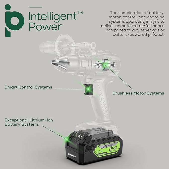 Greenworks 24V Cordless Brushless 1/2" Drill Driver (Metal Chuck /800 in.-lbs. /21 Clutch Position/LED Light), 4Ah USB (Power Bank) Battery and Fast Charger Included