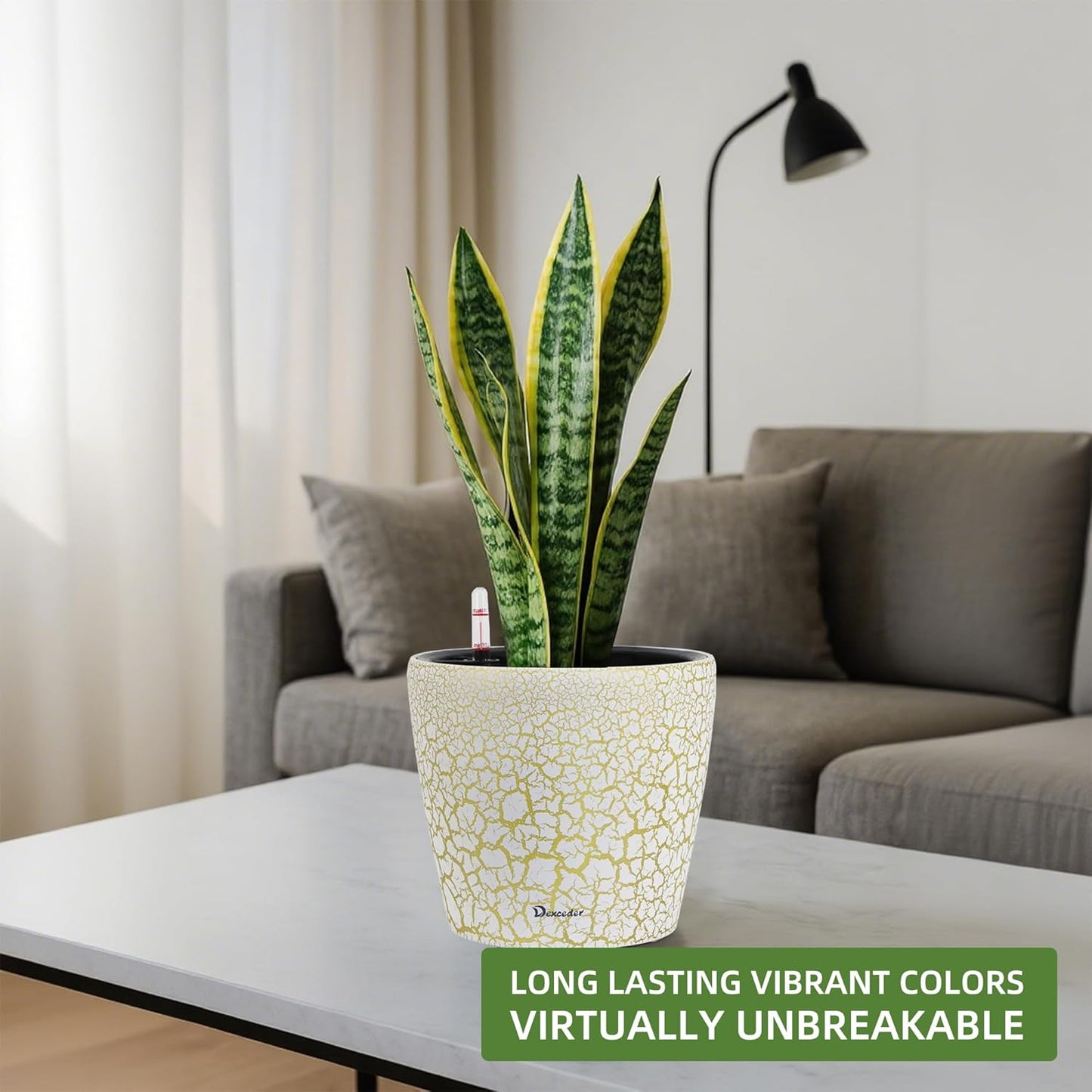 Dexceder 11x10 Inches Self Watering Planter Indoor Outdoor, Inner Pot Design, Thickened Table Flower Plant Pot with Water Level Indicator (White Gold Crackle)