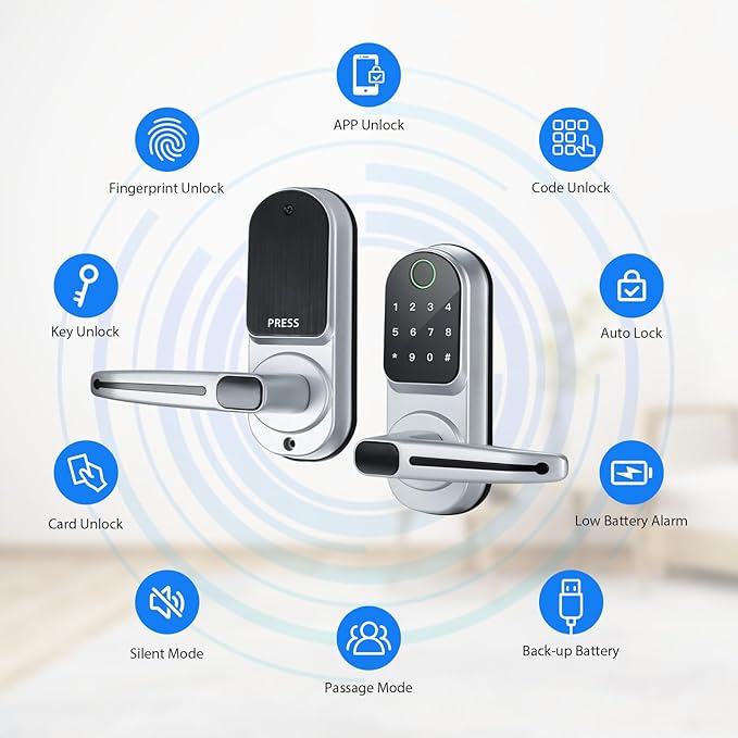 CATCHFACE Smart Fingerprint Lock - Keyless Entry Door Lock with Reversible Handle - Silver