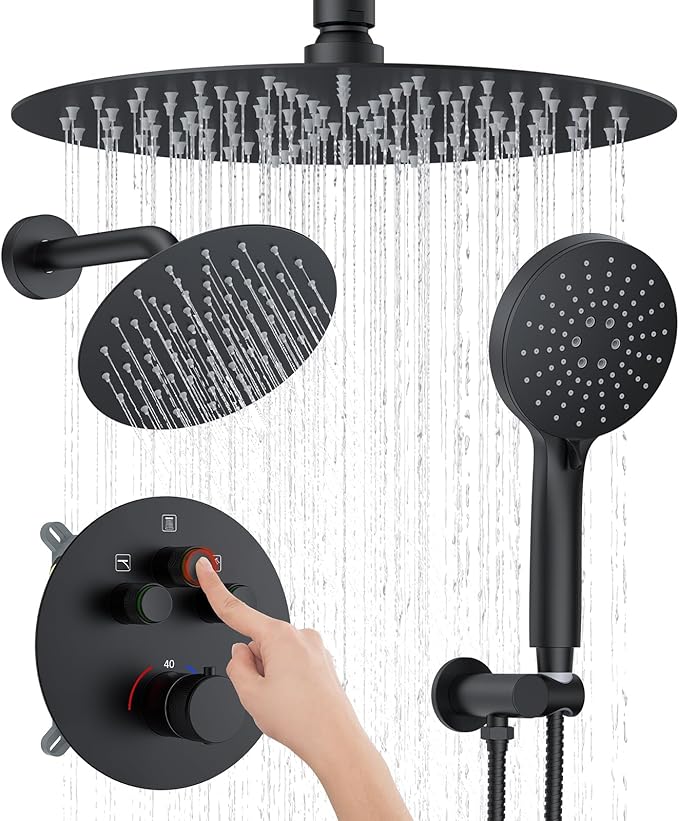 KOJOX Matte Black Thermostatic Shower System, Push Button Diverter Shower Faucet Set with 12" Ceiling Mount Rain Shower, 8" Wall Mount Shower Head, and 3-in-1 Handheld Spray
