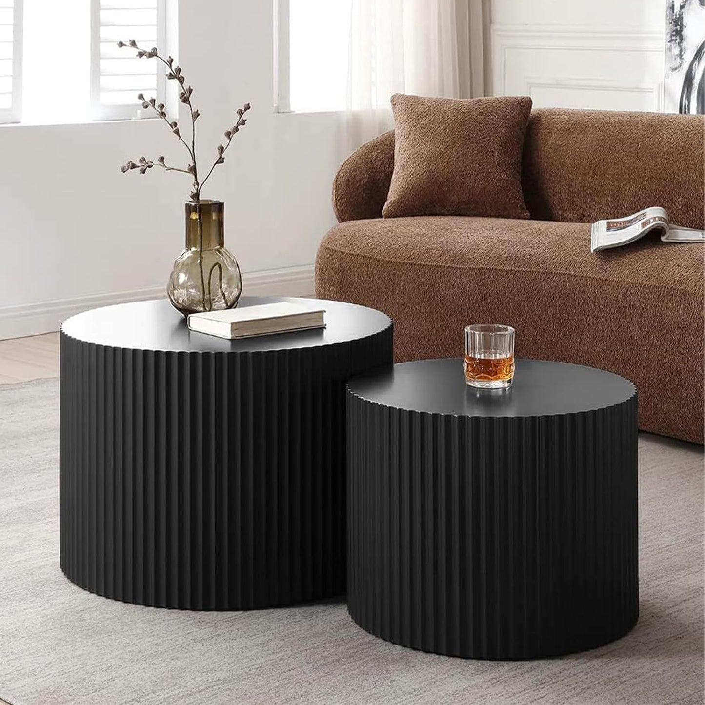 Round Nesting Coffee Table Black Round Fluted Coffee Table Set of 2 for Living Room Small Circle Drum Nested Coffee Tables (Black A 18in)
