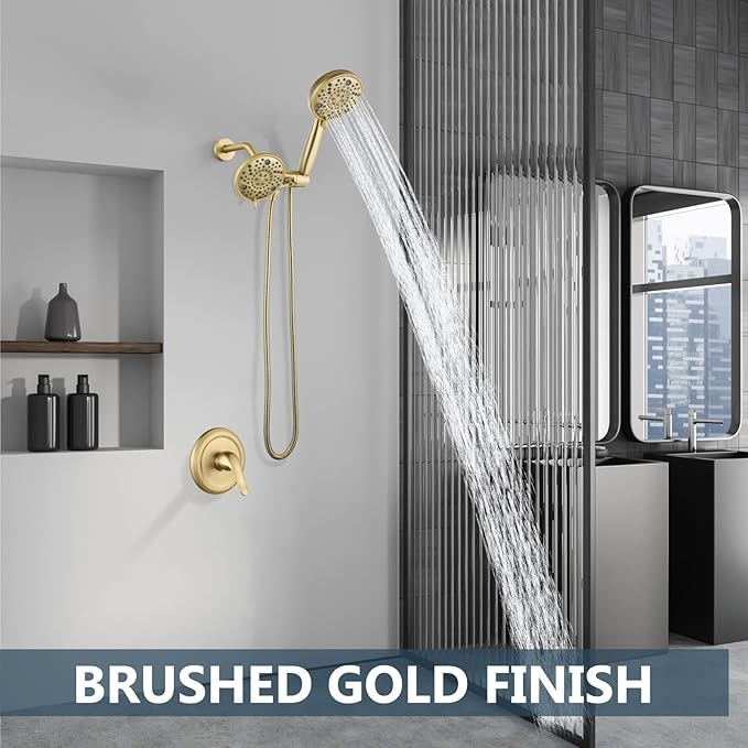 Aolemi Shower Faucet Set Rain Shower Head System Shower Trim Kit Pressure Rough-in Valve Included ABS 8 Setting Dual Shower Head and Handheld Spray Brushed Gold
