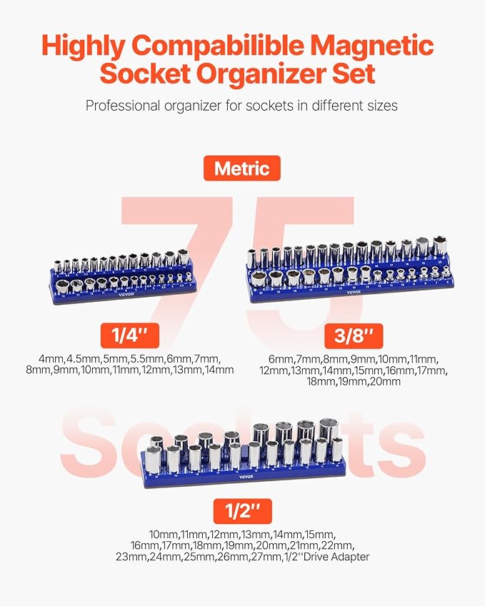 VEVOR Magnetic Socket Organizer Set, 3PCS Magnetic Socket Holder, 1/4'', 3/8'' & 1/2'' Metric Socket Trays with Clear Labels, Hold up to 75PCS Standard & Deep Sockets, Blue (Sockets Not Included)