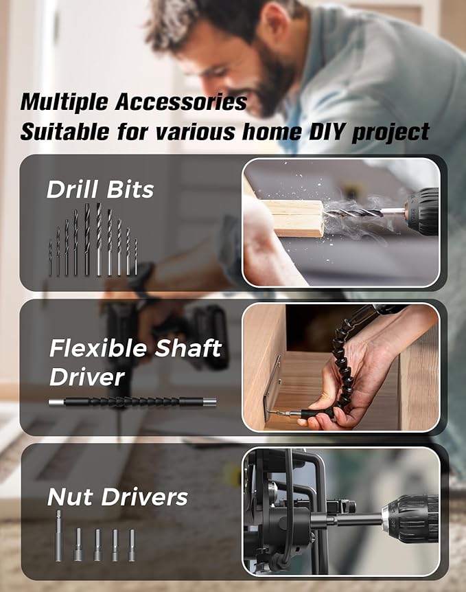 Cordless Drill, 20V MAX Power Drill Set with 2.0Ah Power Pack & Charger, 3/8 Inch Keyless Chuck, Variable Speed, 25+1 Position and 56PCS Bits/Screws, Power Tools for Home Projects