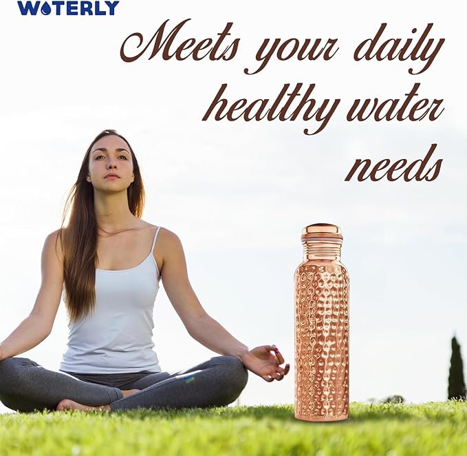 Hammered Copper Water Bottle With Set Of 2 Plain Tumbler | Premium Quality | Pure Authentic Copper Bottle (34 Oz /1000ml ) With Set 2 Copper Tumblers For Drinking