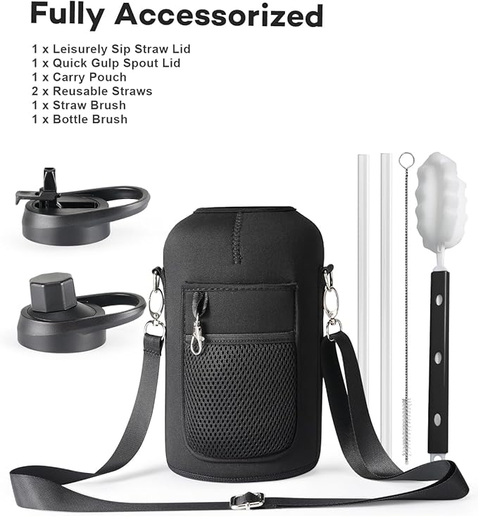 64 oz Insulated Stainless Steel Water Bottle with Handle and Carry Pouch, Half Gallon Mug Tumbler with Straw Lid Spout Lid,Reusable Metal Water Bottle Jug Flask Cup,Keep Cold & Hot,Indigo Black