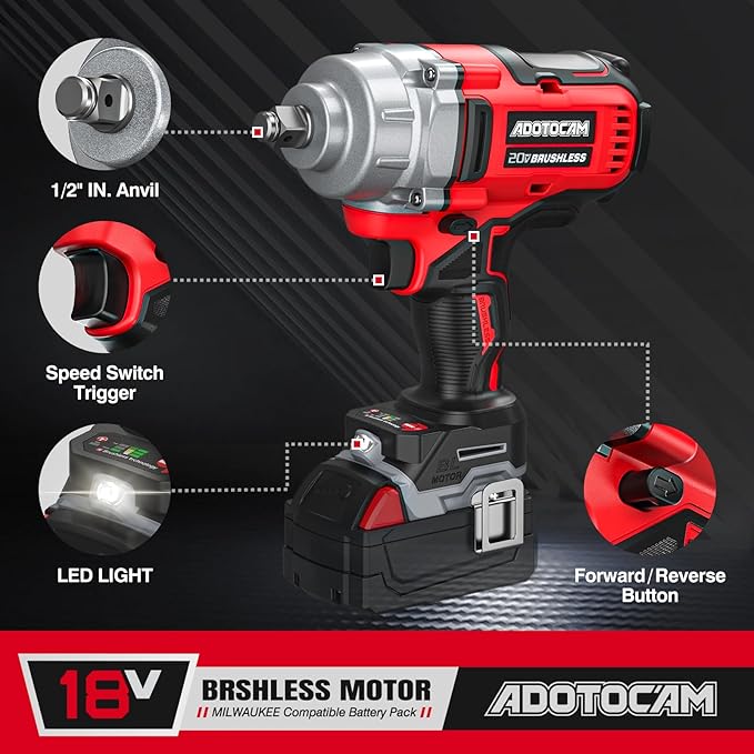 Cordless Impact Wrench, 1/2 inch Impact Gun for Milwaukee 18V Battery, 730Ft-lbs(1000N.m) Brushless High Torque Power Impact Wrench with 3-Mode Speed, LED Work Light, Belt Clip (Battery Not Included)
