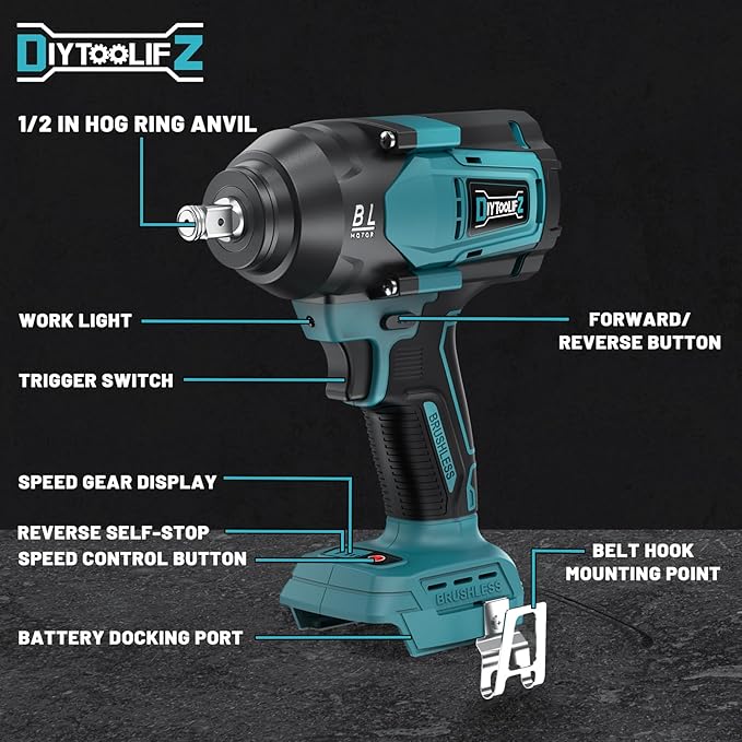 Cordless Impact Wrench 1/2 inch for Makita 18V Battery, 600Ft-lbs(850N. m) Brushless High Torque Power Tool with LED Work Light and Belt Clip (Battery Not Included)