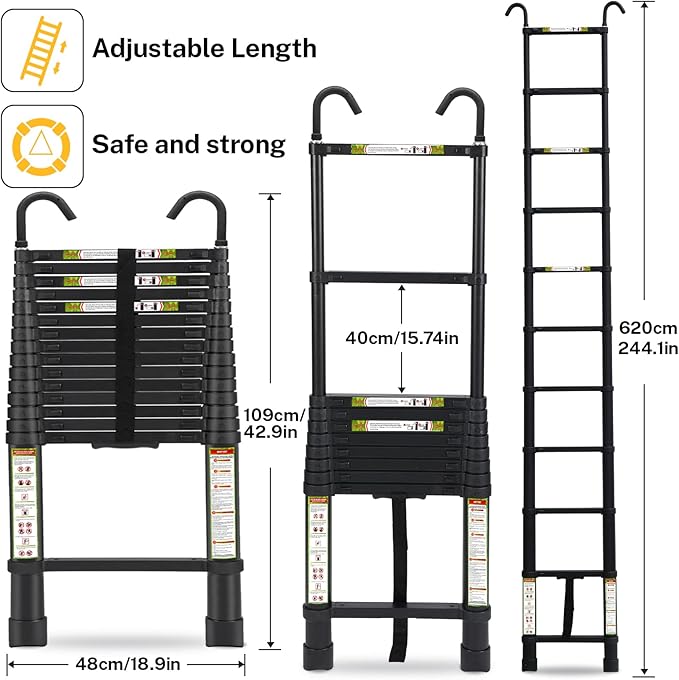 Telescopic Ladder, 20.34FT RIKADE Aluminum Telescoping Ladder with Stable Hook and Non-Slip Feet, Portable Extension Ladder for Household and Outdoor Working 330lb Capacity