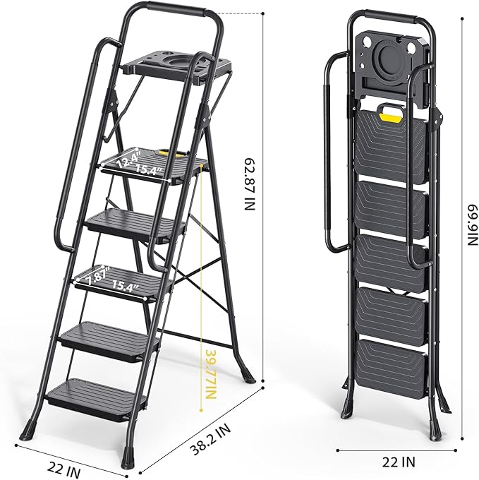 KINGRACK 5 Step Ladder, Sturdy Steel Step Stool with Anti-Slip Wide Pedals, Handrail, Safe-Lock Design, Pass 800lbs Load Testing, Folding Portable Ladder for Multi-Purpose, Home, Kitchen, Black