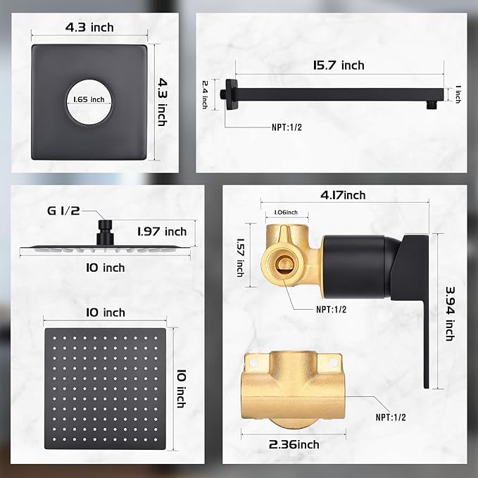 10 Inch Rainfall Shower Faucet Single Function Shower Trim Kit with Rough-in Valve Shower Set Square Stainless Steel Metal Touch-Clean Shower Head Matte Black