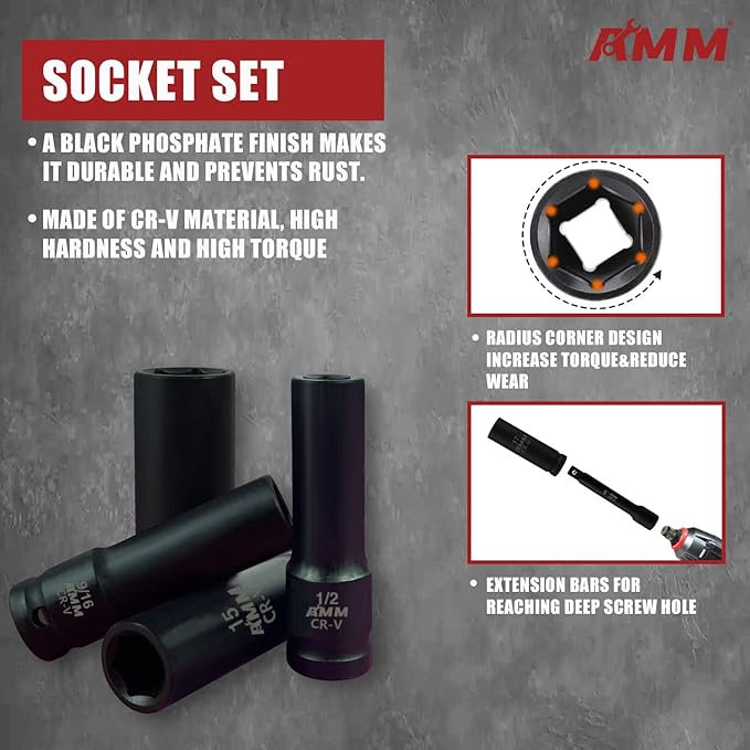 AMM 1/2" Drive Deep Impact Socket Set, 35-Piece Socket set SAE 3/8 to 1-1/4 inch and Metric 10-24mm Size, Includes Extension Bars, Universal Joint and Adapter, 6 Point Design,Cr-V steel
