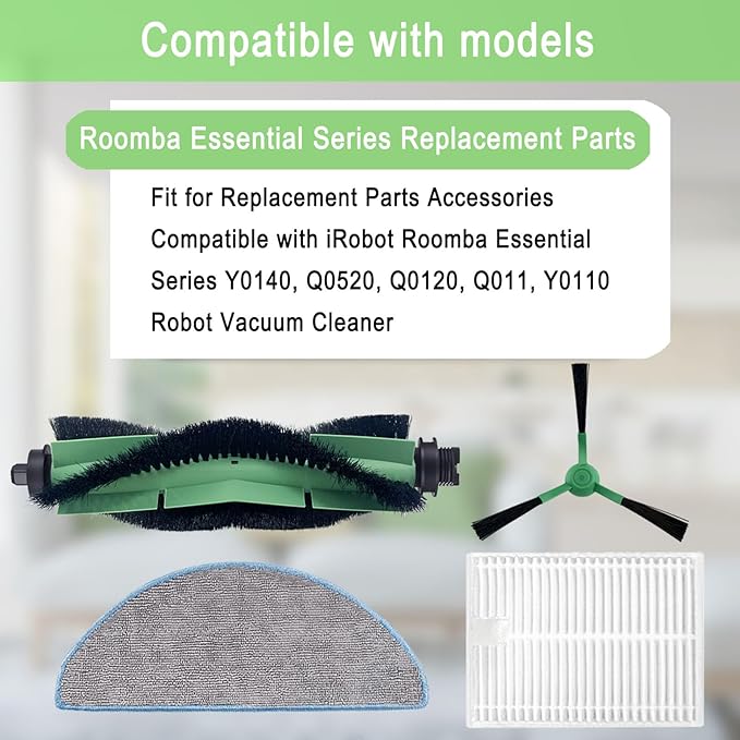 Replacement Parts Accessories Compatible with iRobot Roomba Essential Series Y0140, Q0520, Q0120, Q011, Y0110, Robot Vacuum Cleaner, 1 Roller Brush, 3 Hepa Filters, 3 Mop Pads, 4 Side Brushes