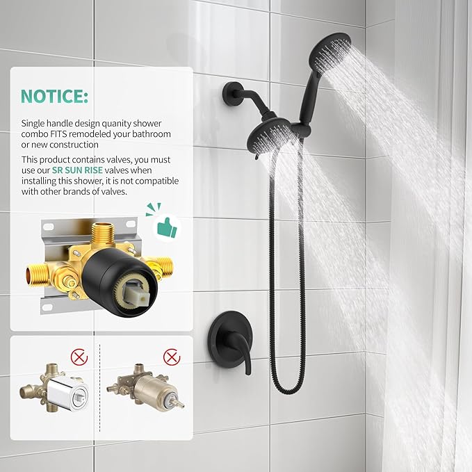 SR SUN RISE 6-Spray Shower Faucet 3-Way Combo Shower Head and Hand Held Shower Separately or Together, Shower Trim Kit Matte Black(Valve Include)