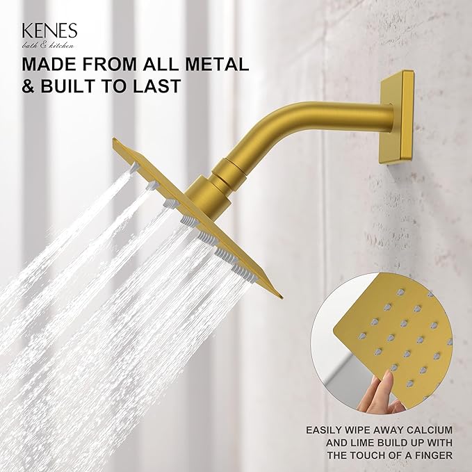 KENES Brushed Gold Shower Trim Kit, Modern Shower Faucet with Single-Spray Square Stainless Rain Shower Head, Tub and Shower Trim Kit Gold, KE-6025A-4 (Shower Valve Included)
