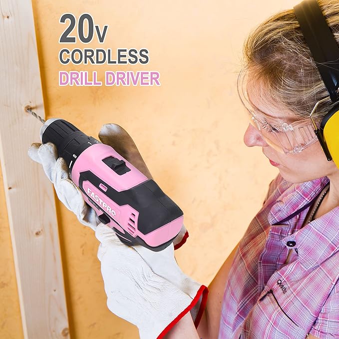 FASTPRO 177-Piece 20V Pink Cordless Lithium-ion Drill Driver and Home Tool Set, Lady's Home Repairing Tool Kit with Drill in Storage Case