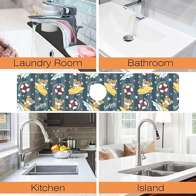 Kitchen Sink Splash Guard Faucet Mat Cartoon Bear Surfing Sink Splash Guard Behind Faucet,1 PC Soft Diatom Mud Non-Slip Mat-for Kitchen,Sink Mat,Dish Drying Mat,Bathroom Faucet Mat 23.5"X5.5"