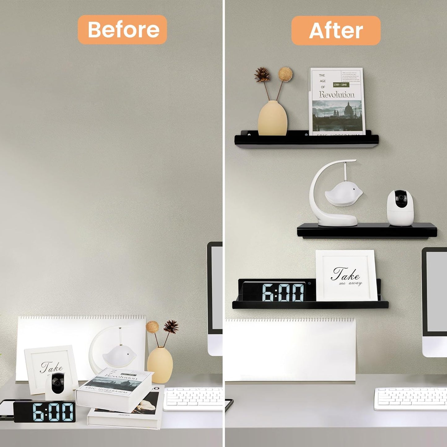 upsimples Acrylic Shelves for Wall Decor, 15" Display Shelf Perfume Organizer for Bathroom, Bedroom, Living Room, Floating Bookshelves for Kids, Black, 2 Pack