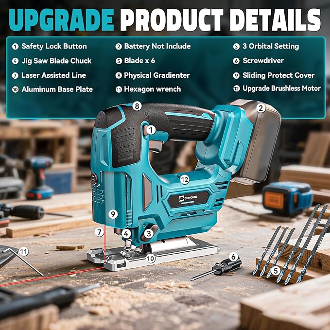 Jig Saw Compatible with Makita 18V Battery, Laser Guide Cordless Jigsaw Tool, 3000RPM Brushless Motor, Variable Speed, 45° Bevel Angle Cut, LED Light, 3 Orbital Sets, 6PCS Blades (No Battery)