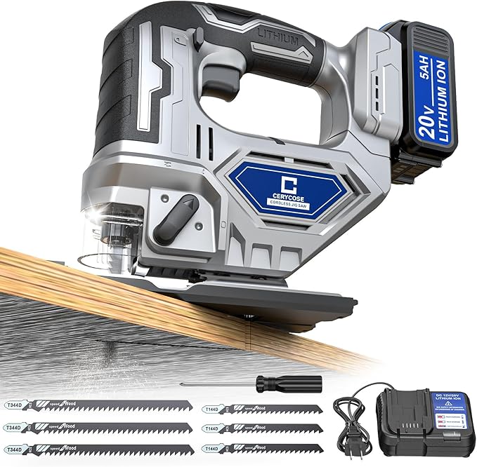 Jigsaw Compatible With Dewalt 20v Max Battery, Cordless jig saw Brushless Motor, 0°- 45° Bevel Cuts, LED Light with 3 Position Orbital Setting for Cutting (With 5Ah Battery & Charger Station Kit)