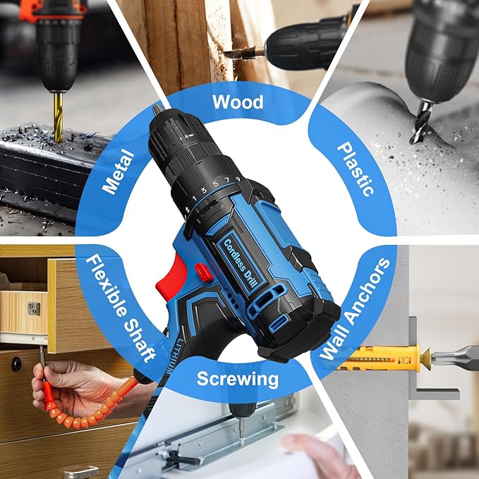 Cordless Drill Set, 20V Power Drill with Power Pack 2.0Ah and Charger, 3/8-Inch Keyless Chuck Electricdrill, 25+1 Torque, 42pcs Drilldriver Bits/Screws for DIY Projects (Blue)