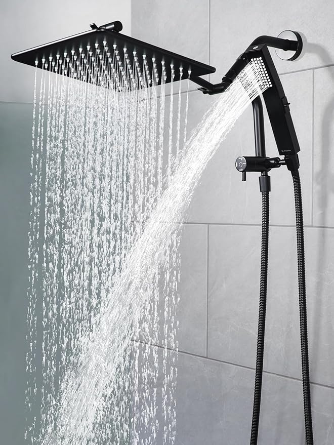 G-Promise All Metal 12 Inches Rain Shower Head with Handheld Built-in Power Wash Mode, 3-way Diverter with Pause Setting, 11 Inches Adjustable Extension Arm with Lock Joint, Long Hose (Matte Black)