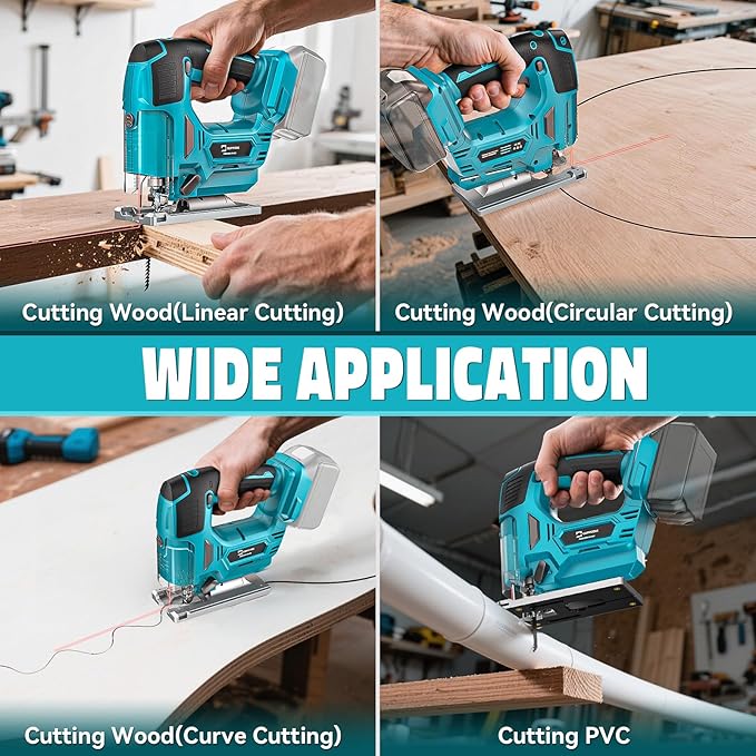 Jig Saw Compatible with Makita 18V Battery, Laser Guide Cordless Jigsaw Tool, 3000RPM Brushless Motor, Variable Speed, 45° Bevel Angle Cut, LED Light, 3 Orbital Sets, 6PCS Blades (No Battery)