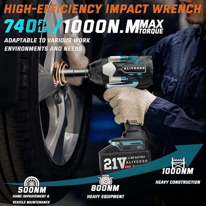 Upgrade 1000N.m (740ft-lbs) Cordless Impact Wrench, 2x 5.0AH Battery Impact Gun, 1/2 Inch Impact Wrench, Power Impact Wrenches for Duty Truck RV Mower 6 Sockets(14mm,17mm,18mm,19mm,21mm,22mm)