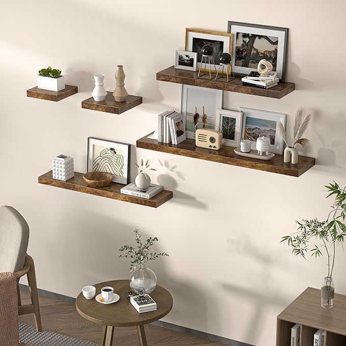 Floating Shelves for Wall, 36"W x 8"D x 1.5"H, Wooden Wall Mounted Display Shelves with Invisible Brackets for Living Room, Bedroom, Bathroom, Kitchen Decor and Storage, Set of 2, Rustic Brown