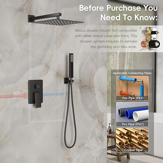 Alesco Shower Faucet Set, Black Shower System with 12-Inch High-Pressure Rainfall Showerheads and Handheld Spray combo, Showerfixture Include Valve and Trim Kit, Matte Black