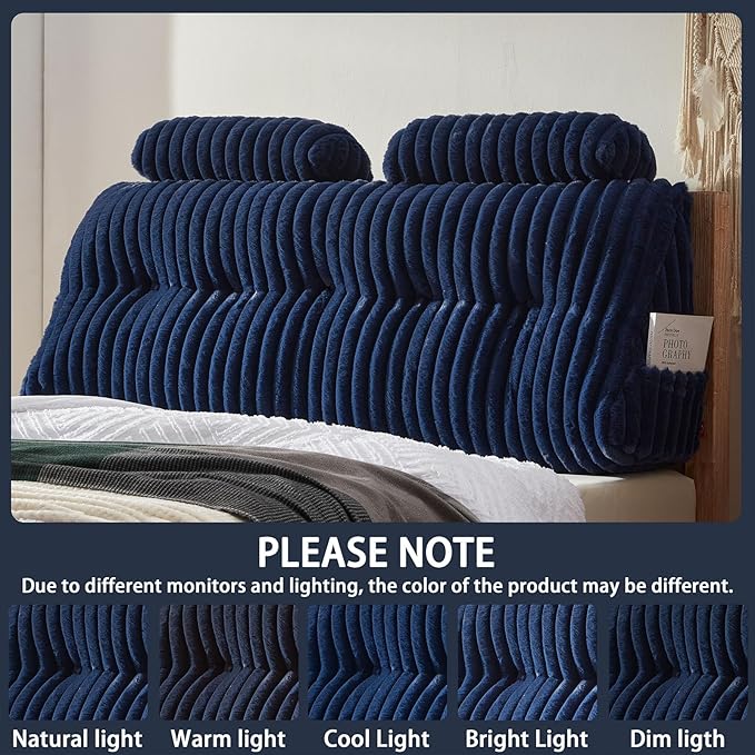 Faux Fur Headboard Pillow with 2 Pack Neck Roll Pillow Large Headboard Pillow Soft and Supportive with Removable Cover (Blue, Queen)