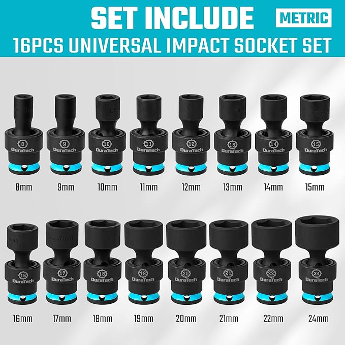 DURATECH 3/8" Drive Impact Swivel Socket Set, 16 Pieces Shallow Universal Impact Socket Set with Flexible Wobble, Metric, Cr-Mo Steel, 6 Points, Organized in Sturdy Storage Case(8-24mm)