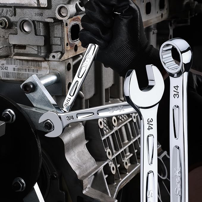SK Combination Wrench Set, SAE 5/16" to 3/4", Metric 8, 10, 12, 13, 14, 15, 17, 19mm, 16-Piece, SuperKrome Finish, Premium CR-V Construction, with Rolling Pouch