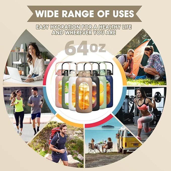 Glass Water Bottles 64 oz - Large Half Gallon Motivational Water Bottle with Time Marker Straw Phone Holder Handle, 64oz Daily Water Intake Jug with Silicone Sleeve for Office Work Gym Sandy Beige