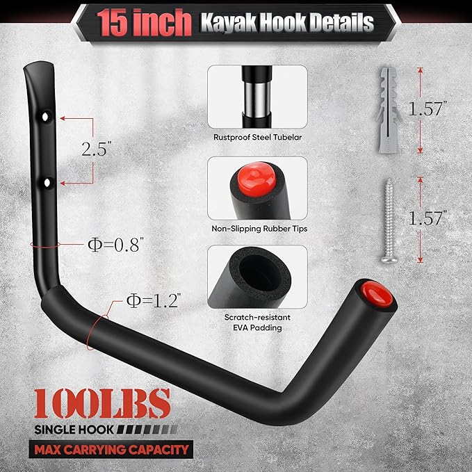 Nacial 12 Pack Garage Hooks Heavy Duty, 15" & 9.8" & 3.5" Kayak Storage Hook with EVA Pads, 100LBS Capacity Garage Hooks for Hanging Bikes, Kayak Folding Chairs and Hanging Ladders