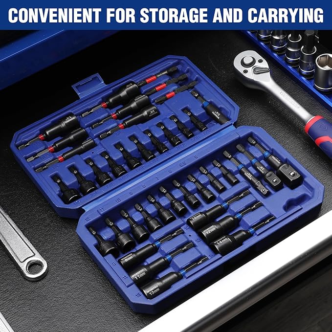 WORKPRO 39-Piece Magnetic Nut Driver Set, Impact Drill Driver Bit 1/4" Hex Shank, SAE & Metric Cr-V Steel Power Nut Drivers with Impact Socket Adapters, Screwdriver Bits, Bit Holder, Sturdy Tool Box