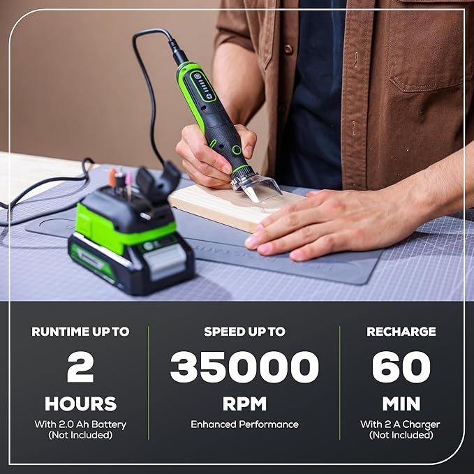 Greenworks 24V Cordless Rotary Tool, Brushless Motor, 180W, 5-Speed, 35,000 RPM, 52 Accessories for Cutting, Sanding, Engraving, Carving, Drilling and Polishing