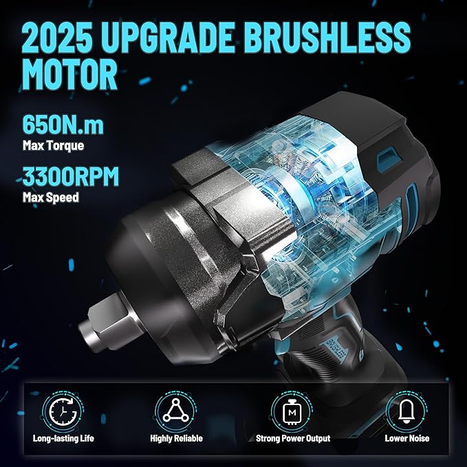 650N.m/480Ft-lbs Brushless Impact Wrench,1/2" Cordless Impact Gun w/ 2x4.0Ah Battery & 6 Sockets, 3300RPM Power Electric Impact Driver for Car/DIY Furniture/Lawn Mower, Blue Toolbox