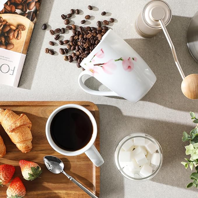 VEWEET Large Coffee Mugs Set of 6, 16 OZ Coffee Cups Set with Handle, Floral Mug Sets Ceramic Cup Set for Kitchen, Microwave& Dishwasher Safe, Series ANNIE