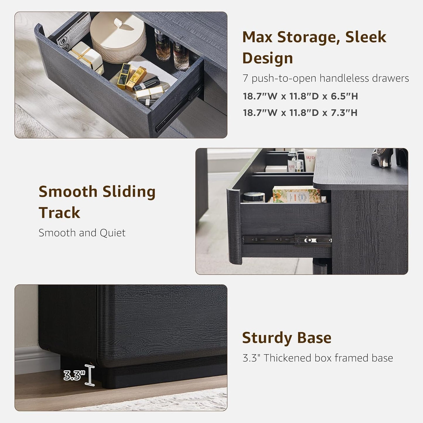 Modern 7 Drawer Dresser for Bedroom, 52" Wide Handleless Chest of Drawers, Push-to-Open Large Wood Storage, Dresser TV Stand for Bedroom, Living Room, Hallway, Curved Profile, Black