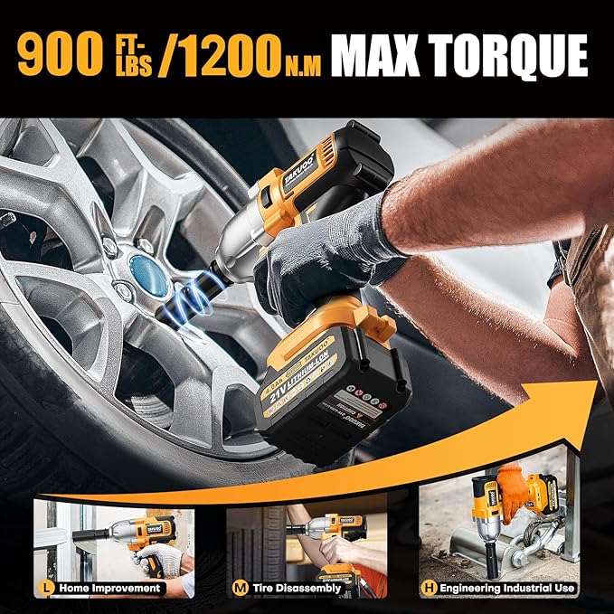 Cordless 1/2 inch Brushless Impact Wrench, Max Torque (1200N.m) 900Ft-lbs Electric Impact Gun w/2x 4000mAh Battery, Charger & 6 Sockets, Power Impact Driver for Car Home