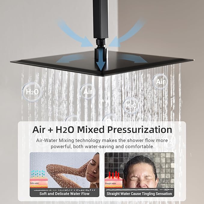 Dasan Matte Black Dual Shower Heads System with Ceiling 12-Inch Rainfall Shower & Wall Mount 6-Inch High Pressure Shower Head, Full Body Dual Shower Set with Handheld Sprayer, 3-Function Shower Faucet