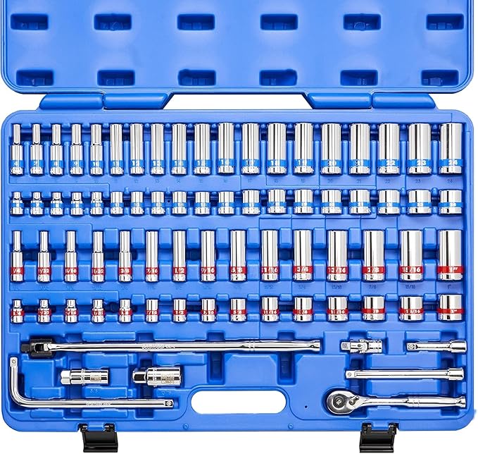 Neiko 02472A 3/8-Inch-Drive Colored Mechanics Tool Ratchet, Socket Set, 76-Piece Standard and Deep SAE Sizes 1/4" to 1" Metric Sizes 6 mm to 24 mm Made with CrV Steel for Auto Repair