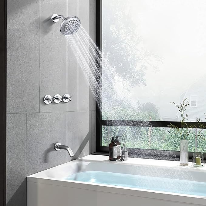 PROOX 3 Handle Tub Shower Faucet Set, 9-Setting Rainfall Shower Head with Tub and Shower Trim Kit with Rough-in Valve, Polished Chrome Bathtub Shower Faucets, Wall Mounted Bathroom Rain Shower System